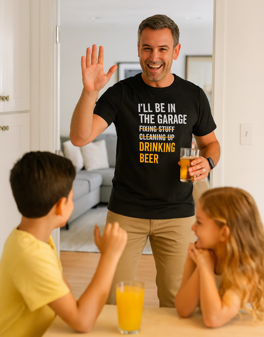 "I'll be in the garage... drinking beer" Funny Quote Shirt